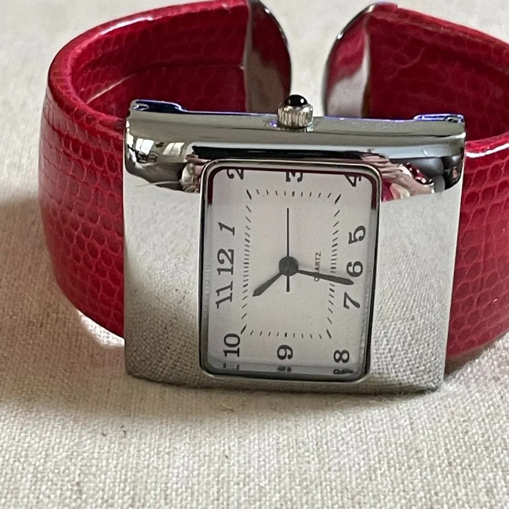 Quartz Movement Red Band Ladies Cuff Watch - Picture 4 of 11